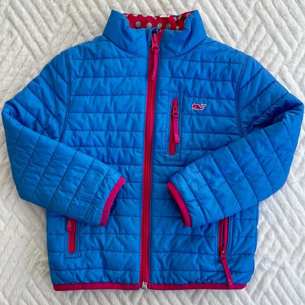 Vineyard Vines Girls 2T Blue Quilted Puffer Jacket Pink Whale Lining Coat